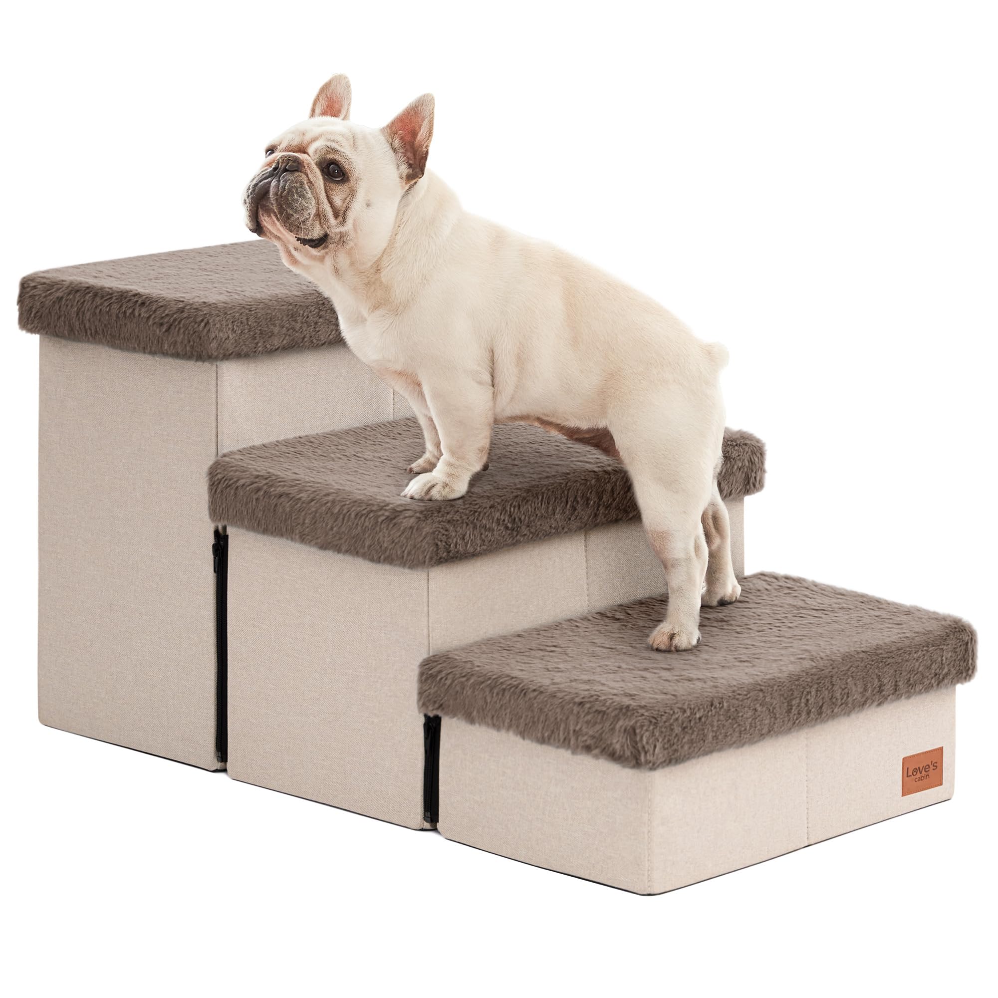 Love's cabin dog stairs high-bed with furry lids offer stable access.