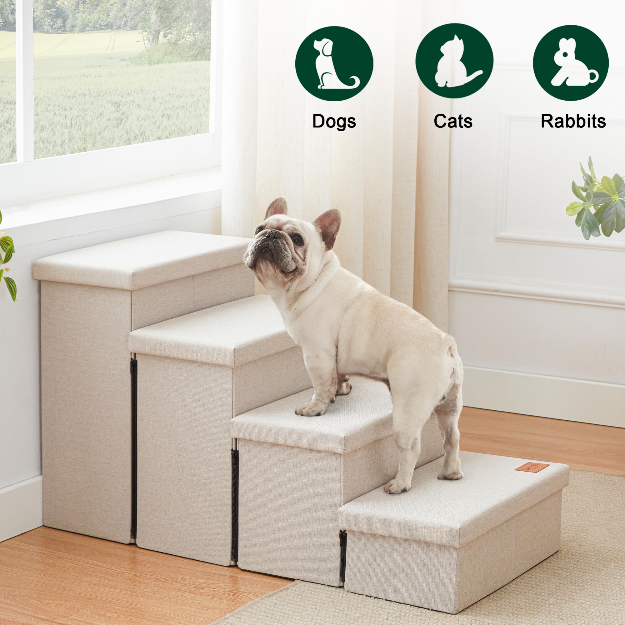 Love's Cabin dog stairs with storage offer organized pet gear.