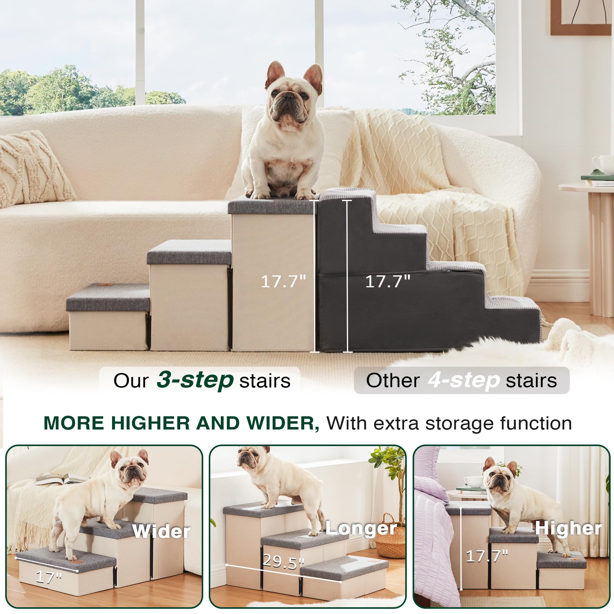 Love's cabin dog stairs feature under-step storage for convenient pet supplies.