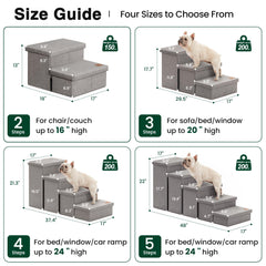 Love's cabin dog stairs with storage side view beside sofa.