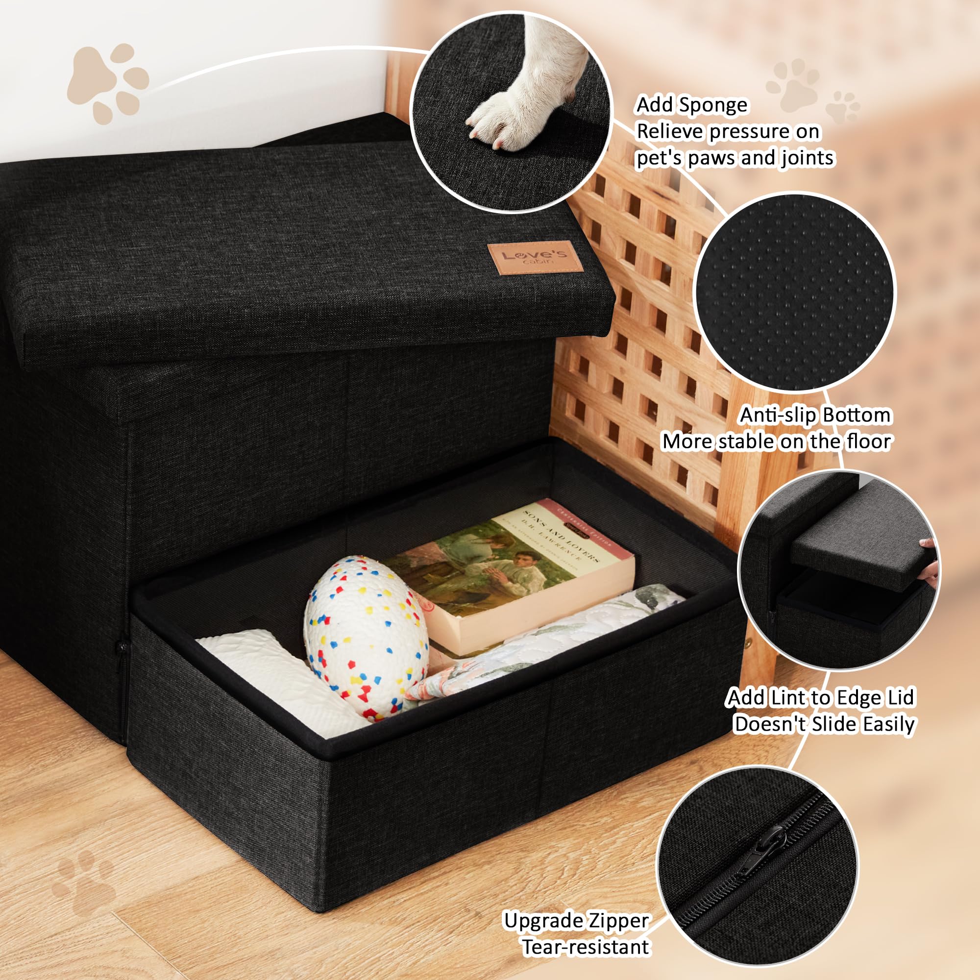 Love's cabin dog stairs storage compartments open, convenient space for blankets and toys.