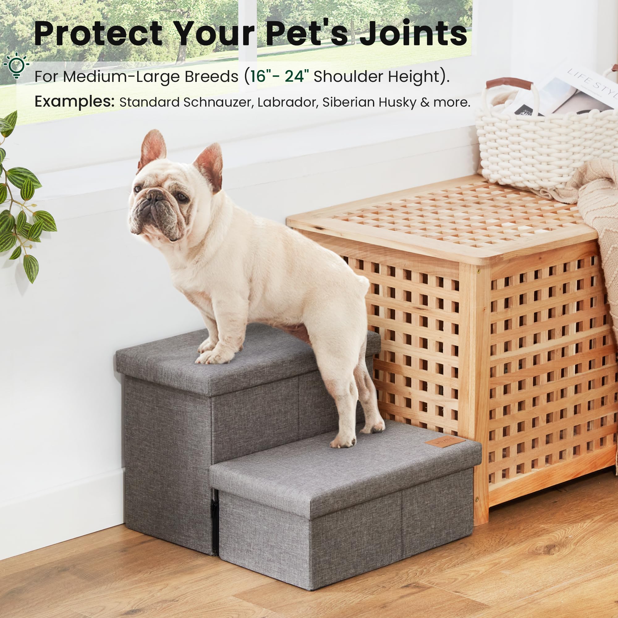 Love's cabin dog stairs storage under steps keeps blankets tidy.