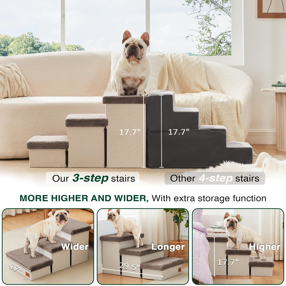 Love's cabin dog stairs three under-storage boxes keep pet gear organized.