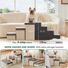 Love's cabin dog stairs three under-storage boxes keep pet gear organized.