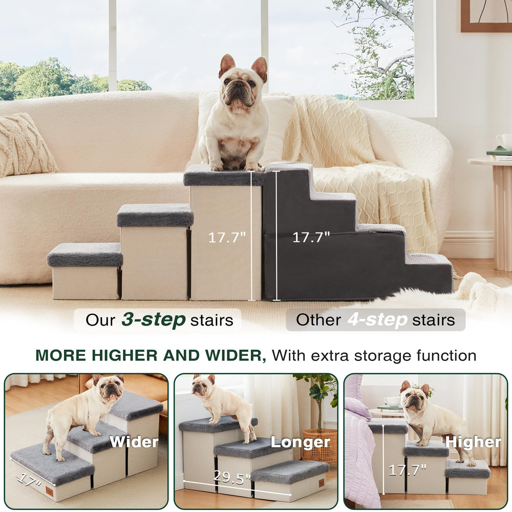 Love's cabin dog stairs with under-step storage keeps blankets and toys organized