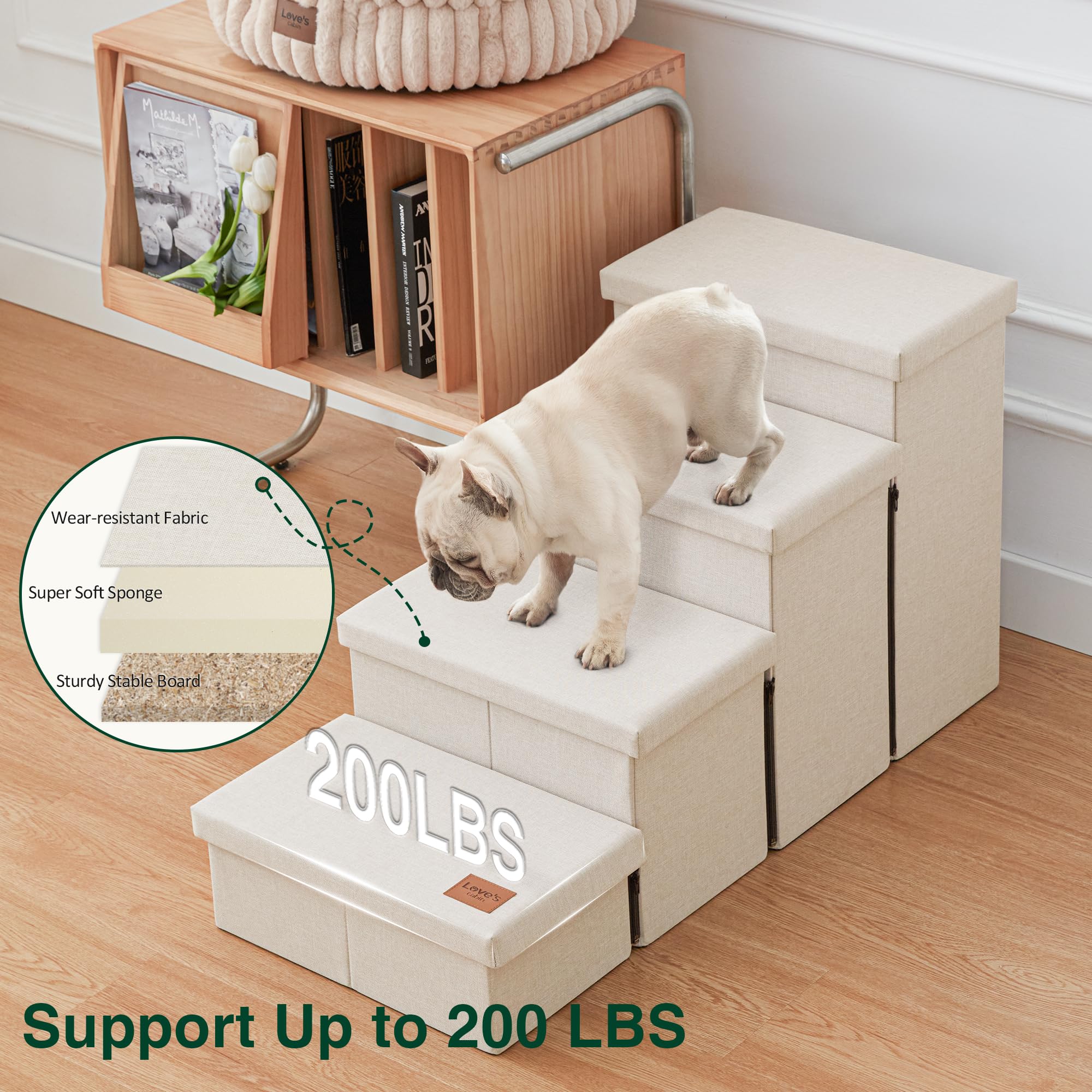 Love's Cabin dog stairs support up to 200 lbs for versatile use.