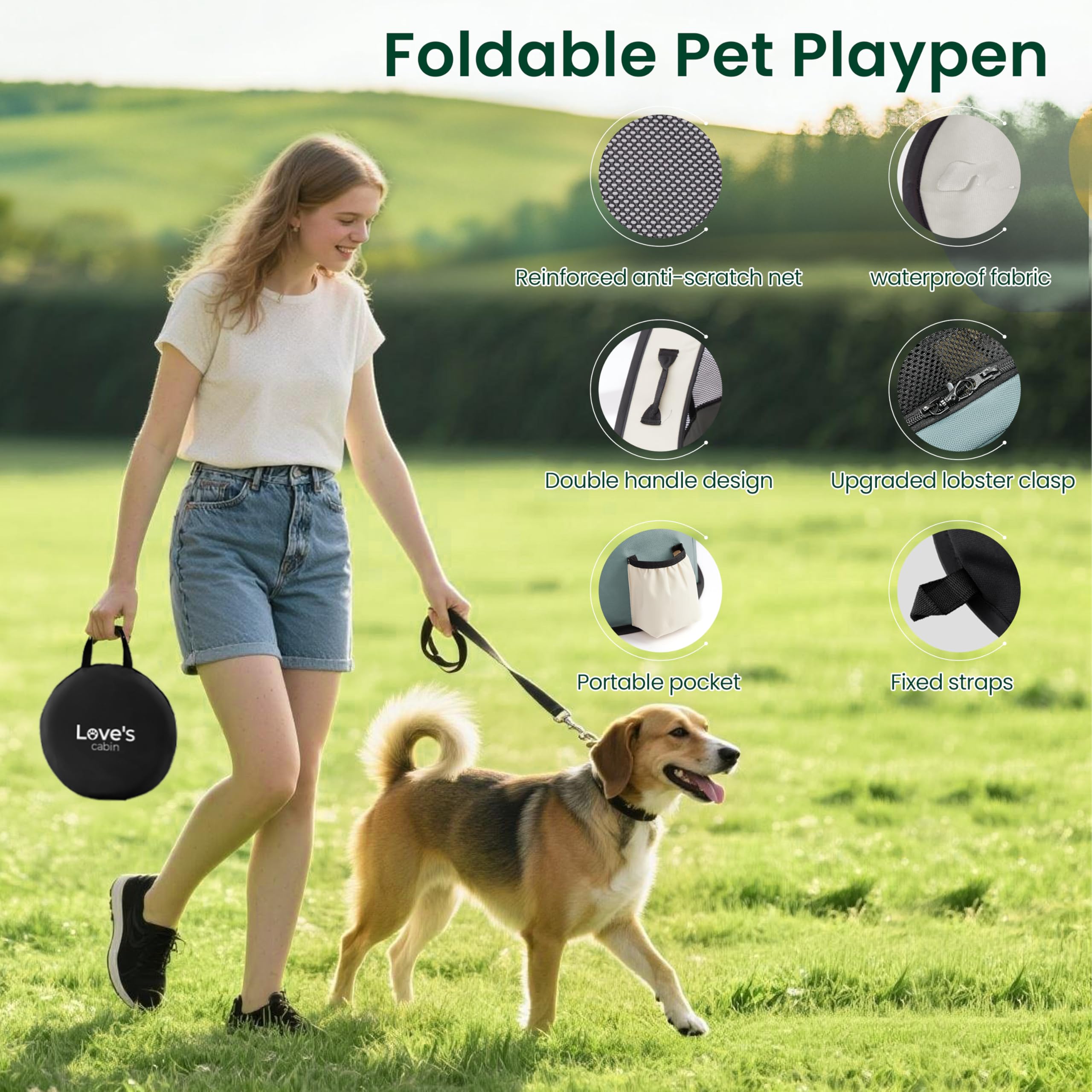 Love's cabin foldable pop-up kennel with carrying case.