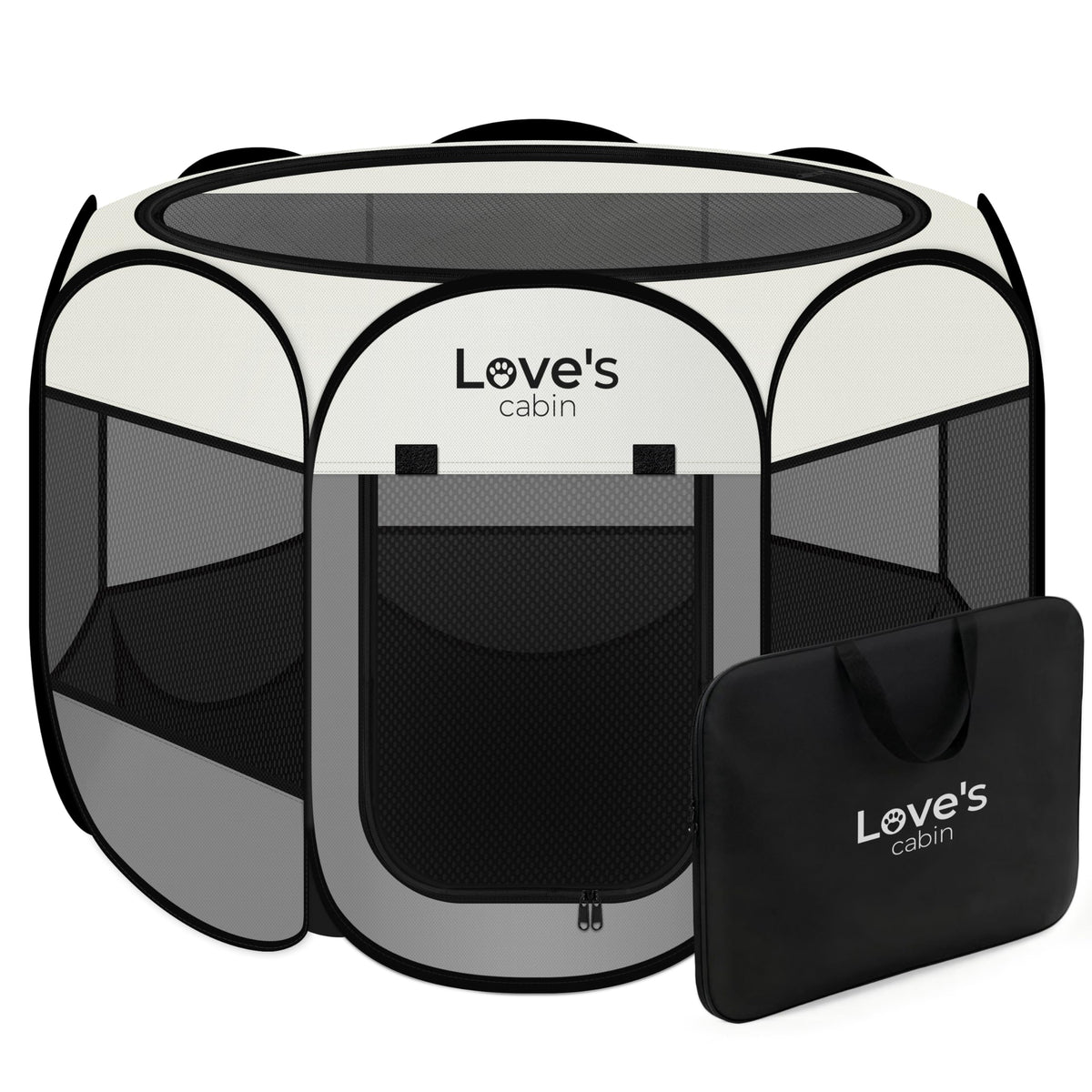 Love's cabin eight-panel playpen forms a secure circular space for small pets.