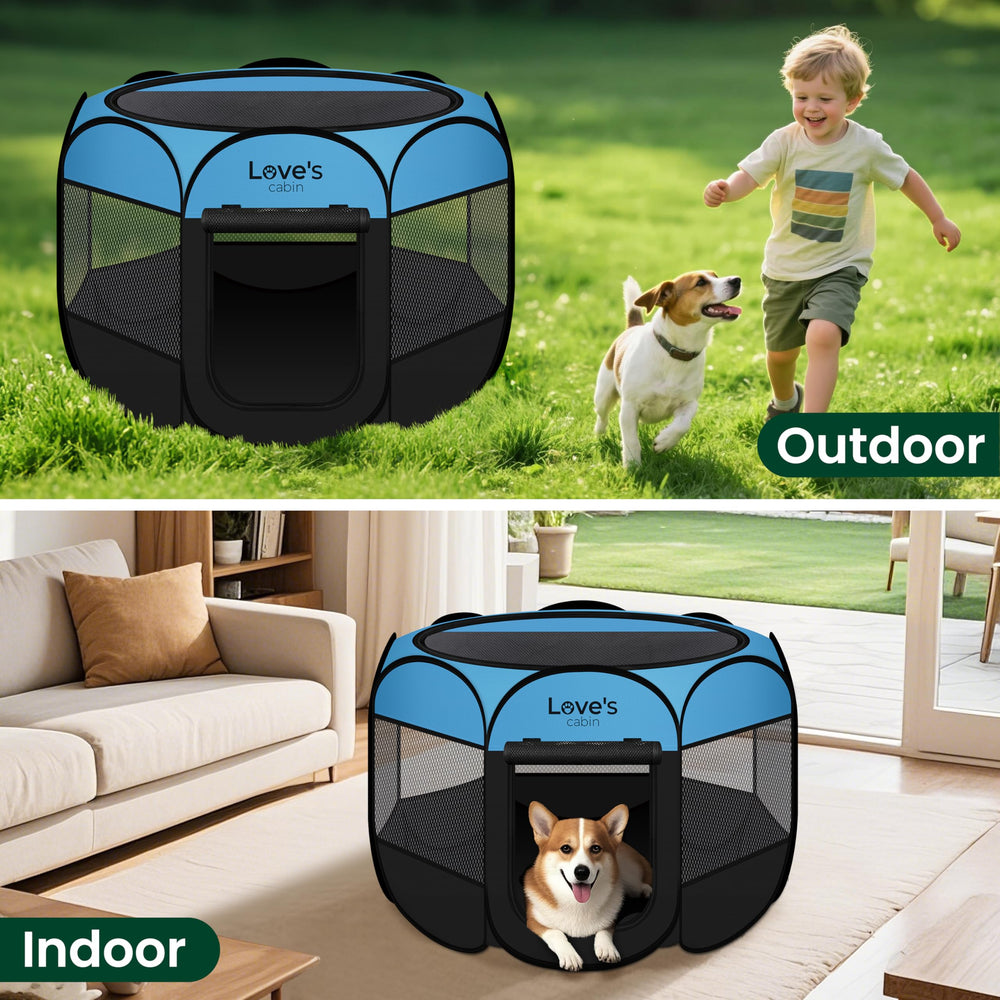 Love's cabin indoor-outdoor playpen folds flat for storage and travel.