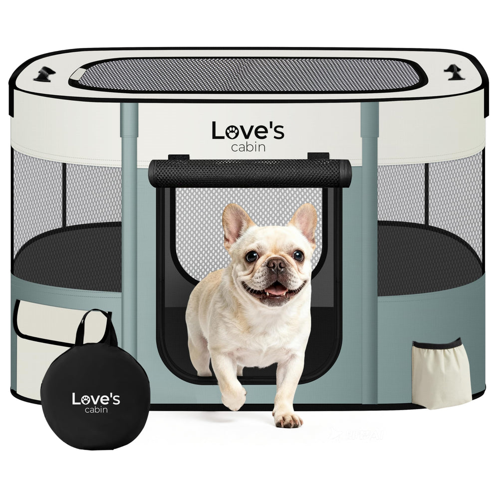 Love's cabin puppy playpen four-panel design for versatile indoor outdoor use.