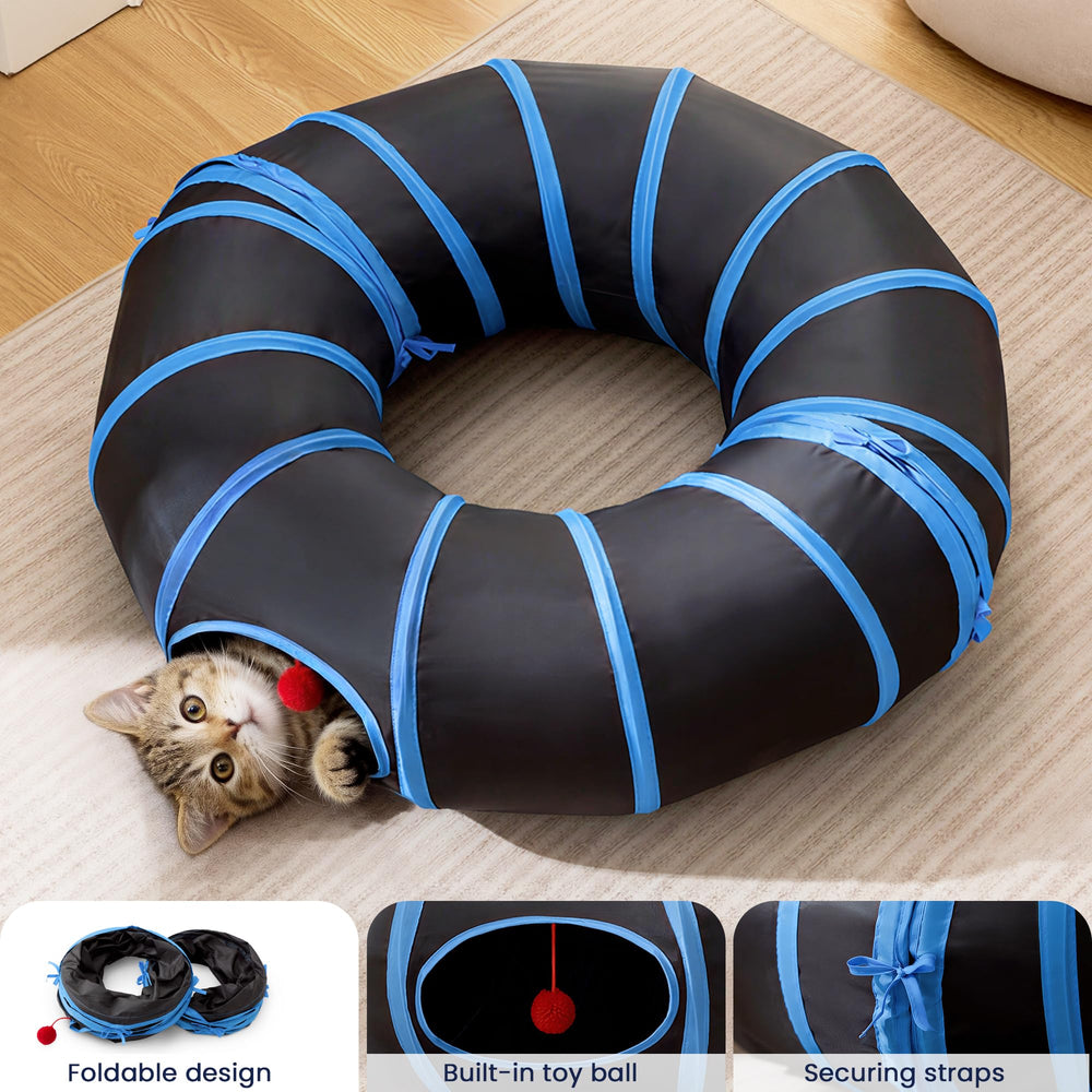 Love's cabin Round Cat Tunnel blue fabric blends with decor.