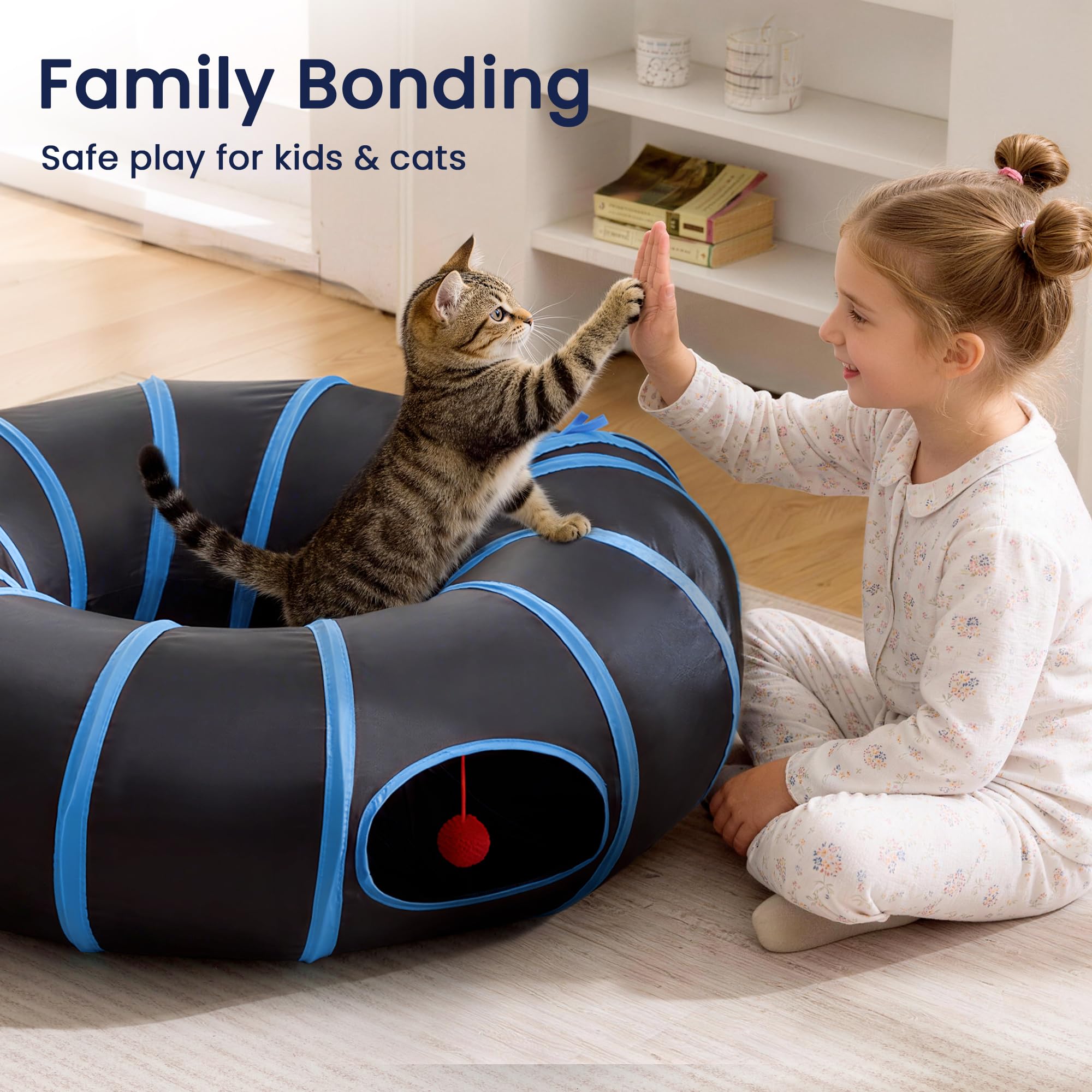 Love's cabin Round Cat Tunnel in action supports multi-cat play.