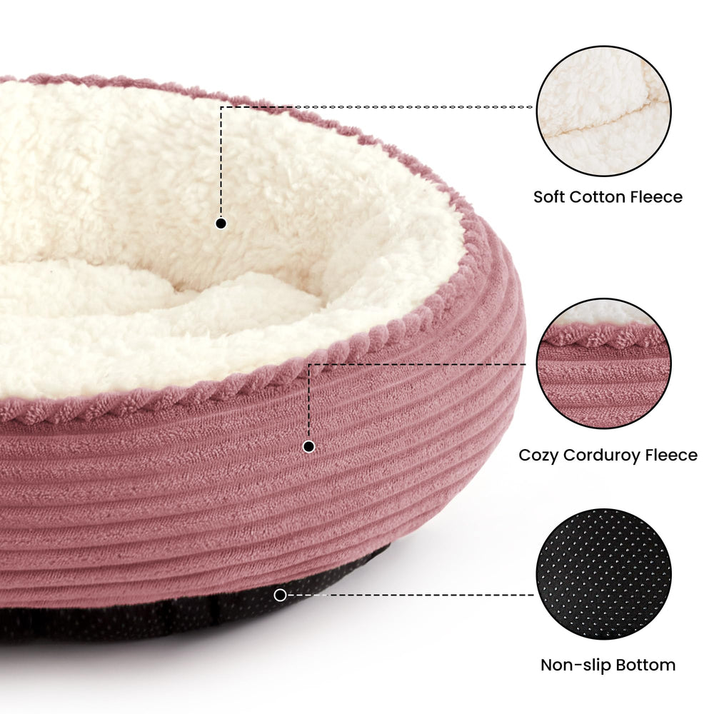 Love's cabin round donut bed 20in side detail shows raised rim for head support.