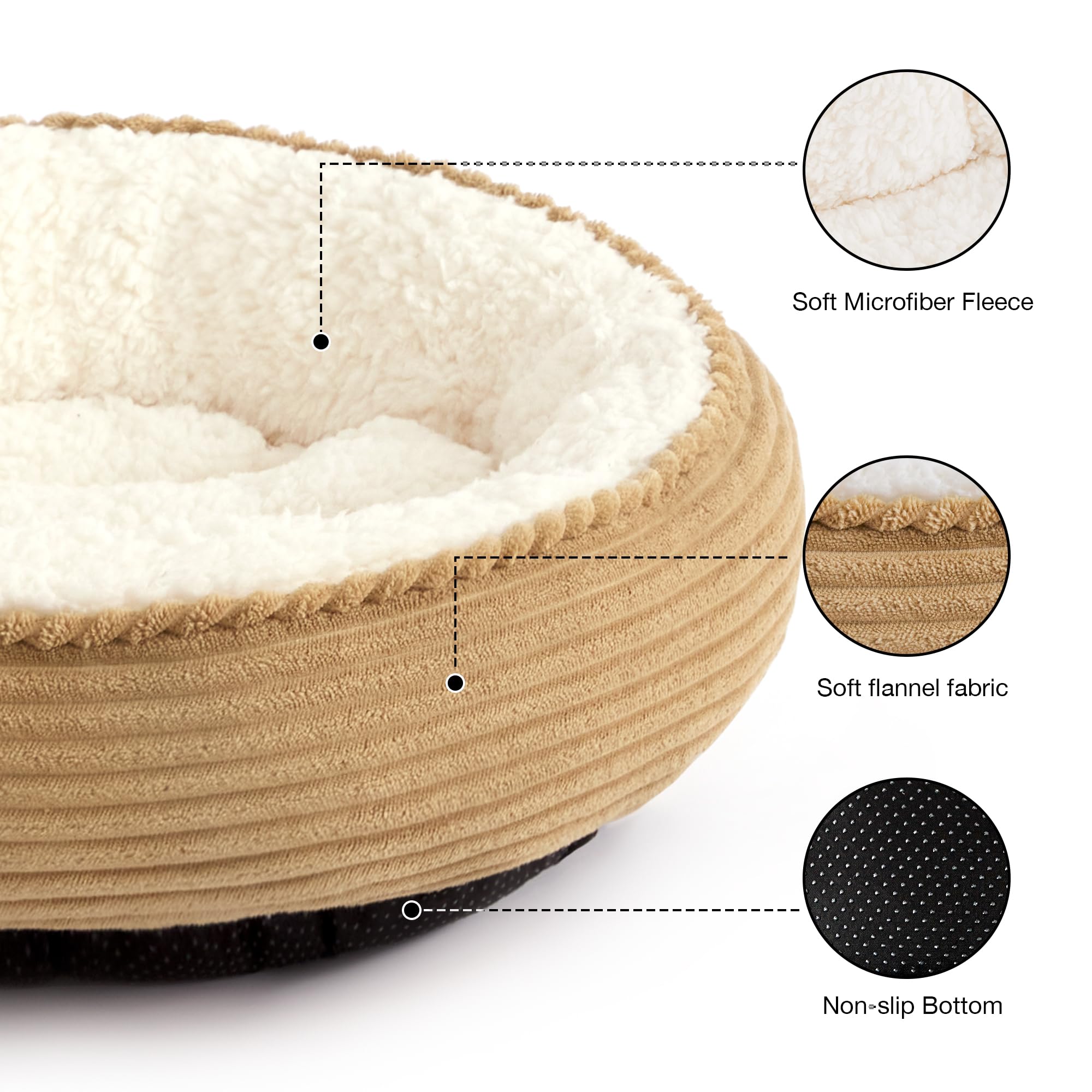 Love's cabin round donut bed’s raised rim supports head and neck during naps.