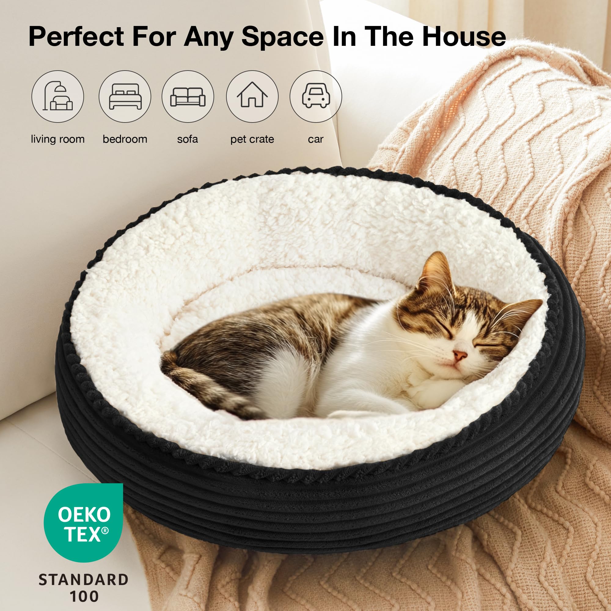 Love's cabin round donut bed filling detail demonstrates lasting shape and plush comfort.