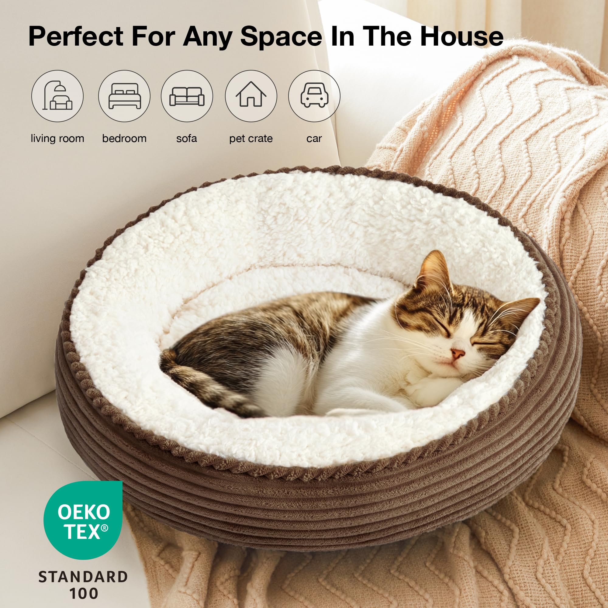 Love's cabin Round Donut Bed nest shape offers a secure, cozy retreat.