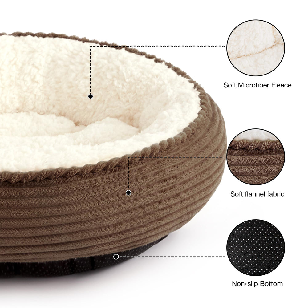 Love's cabin Round Donut Bed side view highlights raised rim for neck support and security.