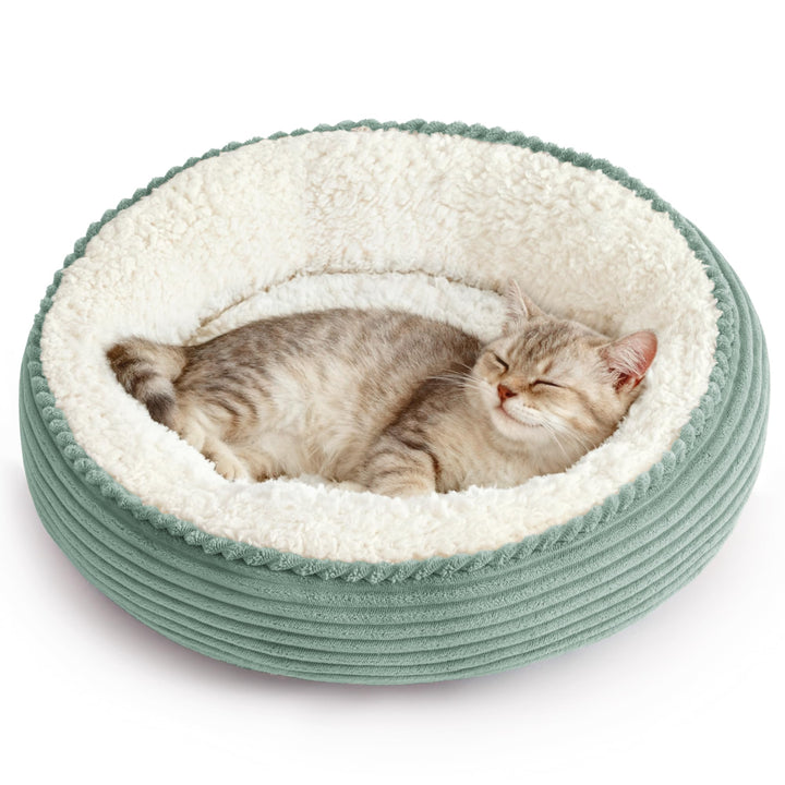 Love's cabin round donut pet bed from above, cozy nesting for cats and small dogs.
