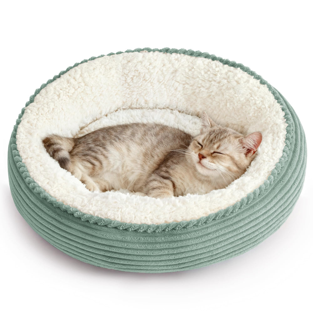 Love's cabin round donut pet bed from above, cozy nesting for cats and small dogs.