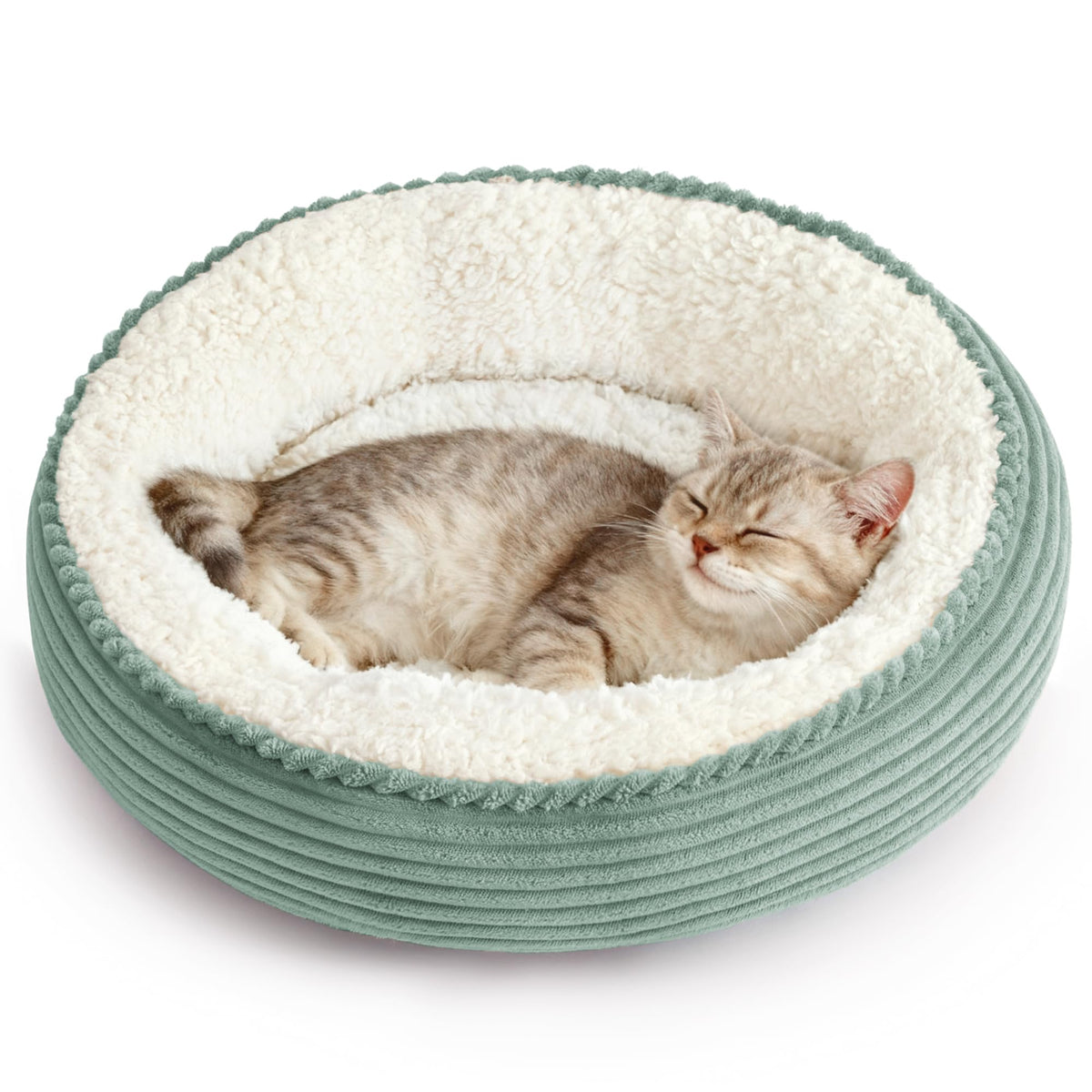Love's cabin round donut pet bed from above, cozy nesting for cats and small dogs.