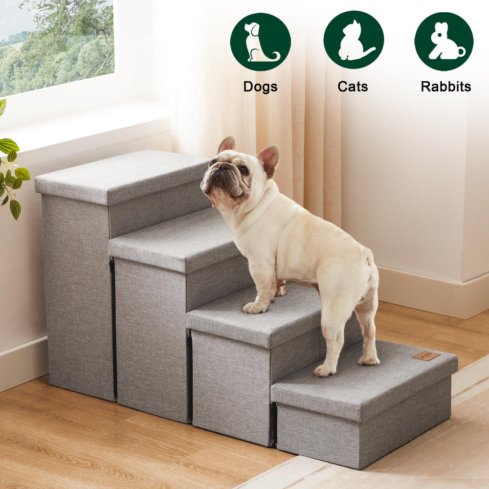 Love's cabin dog stairs support up to 200 lbs for larger dogs.