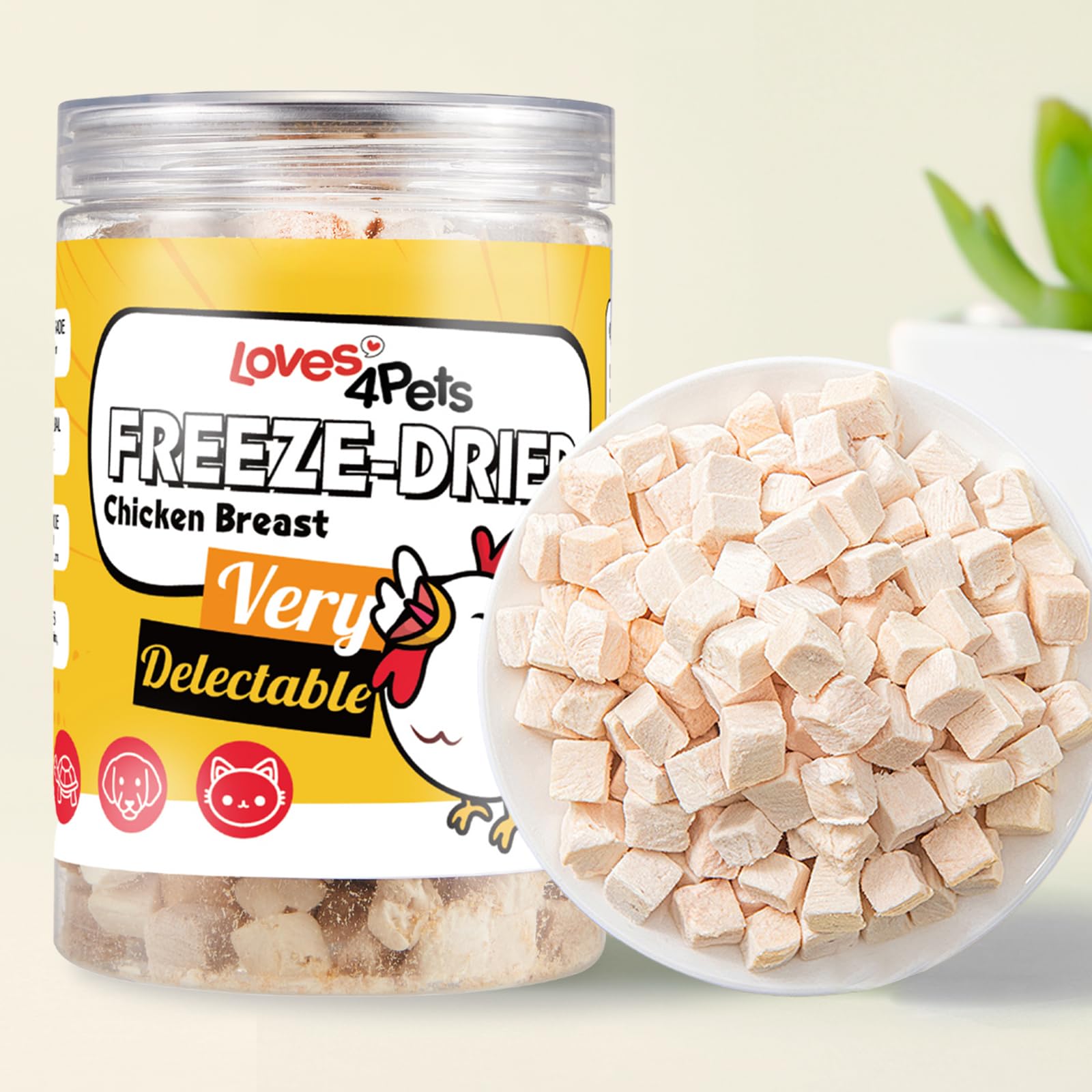 Loves4Pets Freeze Dried Chicken Cubes pack shot showing grain-free, protein-rich treats.