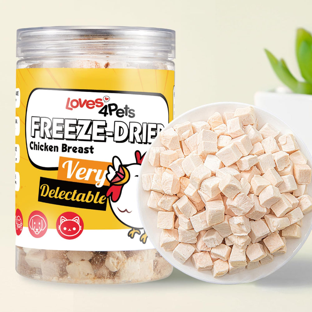Loves4Pets Freeze Dried Chicken Cubes pack shot showing grain-free, protein-rich treats.