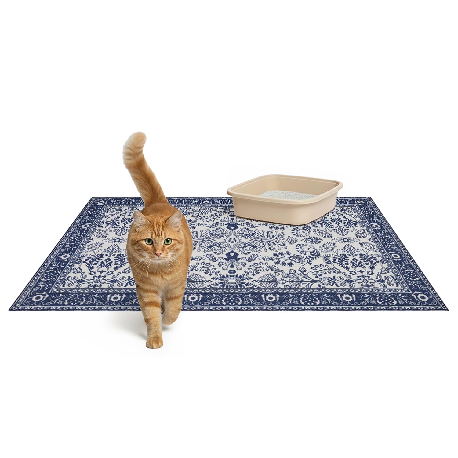 Lovewag Pets two-pack litter mats in Indigo Garden setup provide wide coverage for tidy floors.