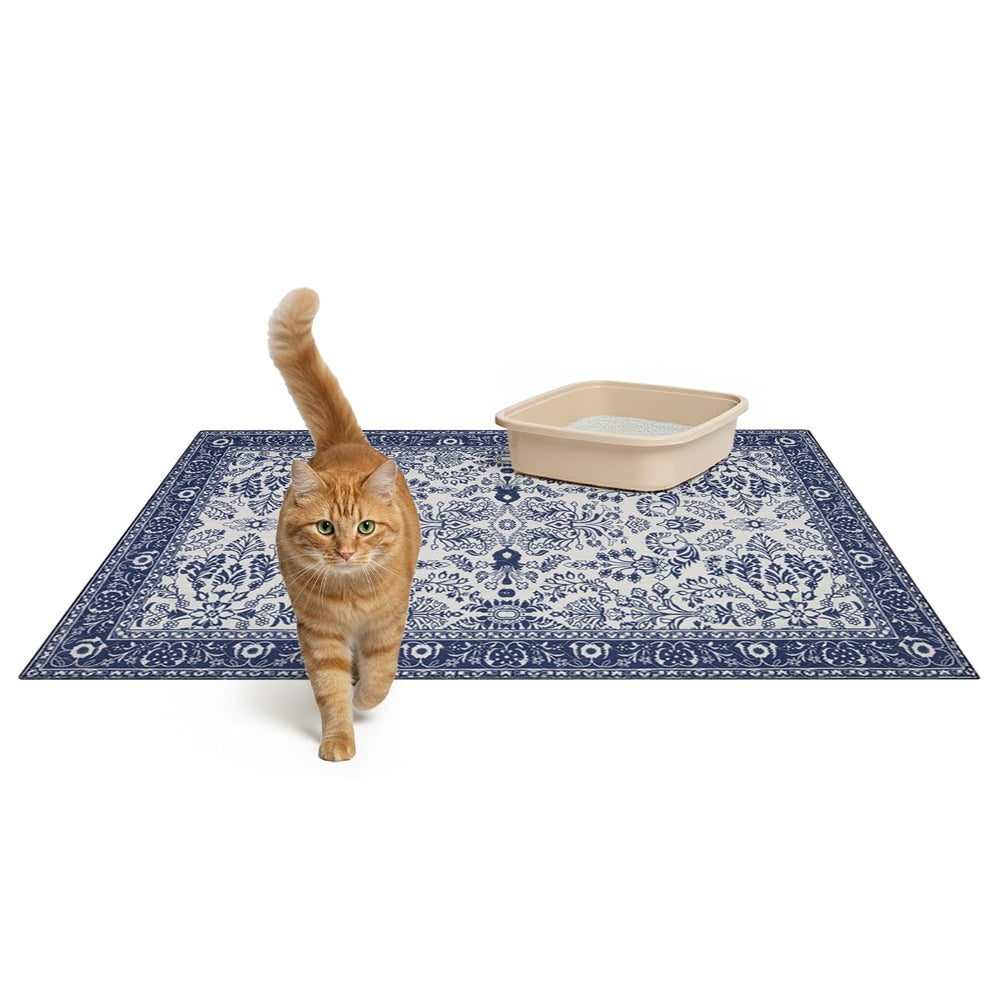 Lovewag Pets two-pack litter mats in Indigo Garden setup provide wide coverage for tidy floors.