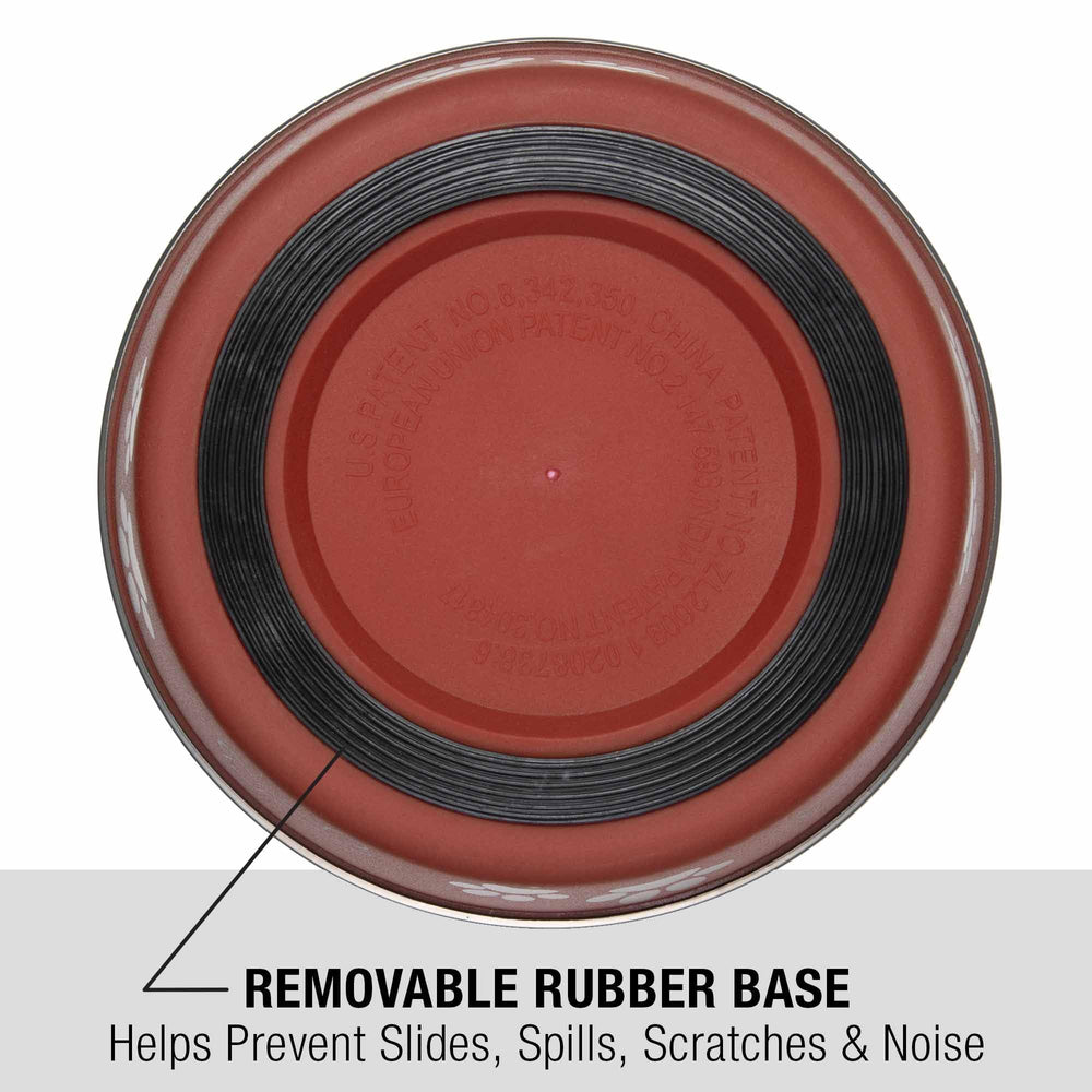 Loving Pets Bella Bowl no-spill design prevents spills and noisy mealtimes on the kitchen mat.