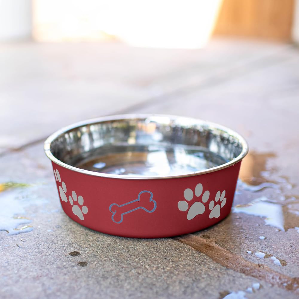 Loving Pets Bella Bowl sturdy poly-resin exterior paired with a durable stainless steel interior.