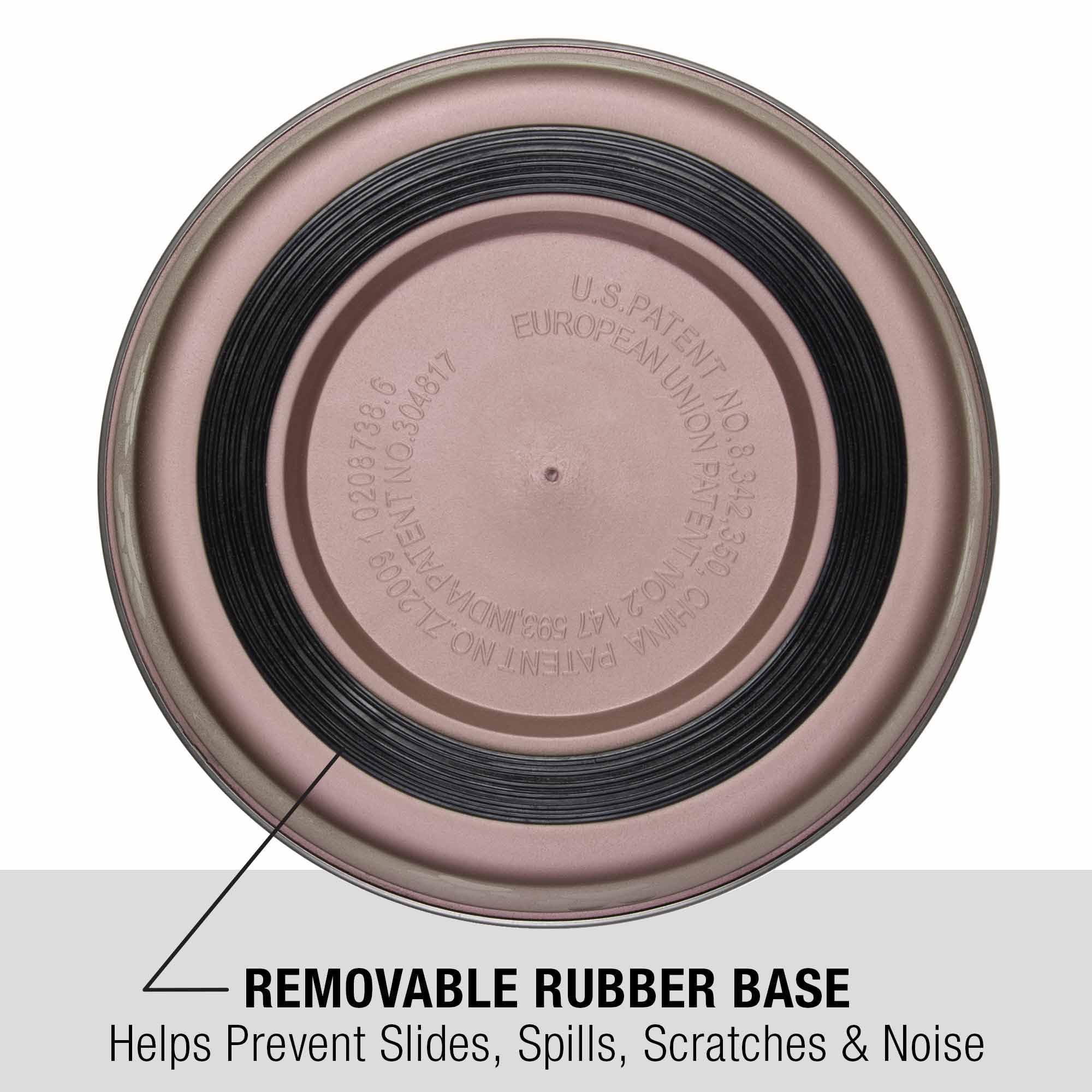 Loving Pets Bella Bowl removable rubber base helps prevent spills during mealtimes.