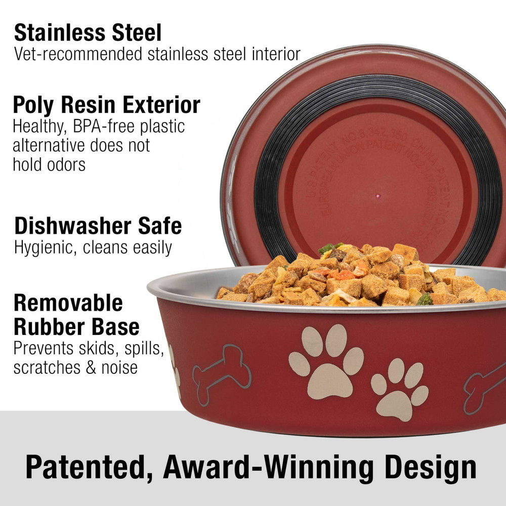 Loving Pets Bella Bowl removable rubber base keeps meals steady during feisty hungry moments.