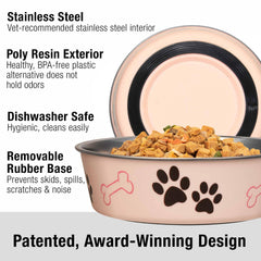 Loving Pets Bella Bowl with removable rubber base prevents spills during feeding.