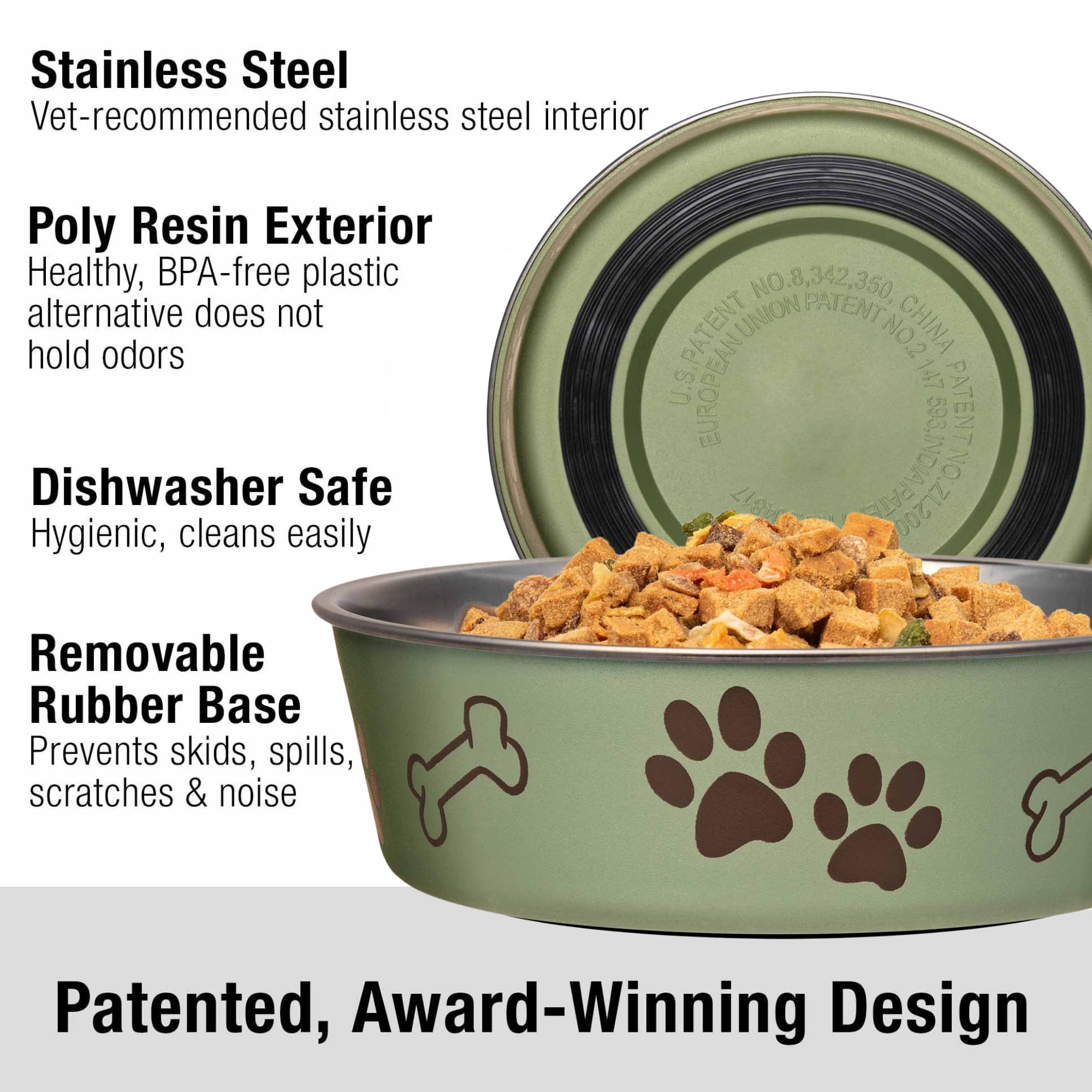 Loving Pets Bella Bowl with removable rubber base prevents spills during mealtime.