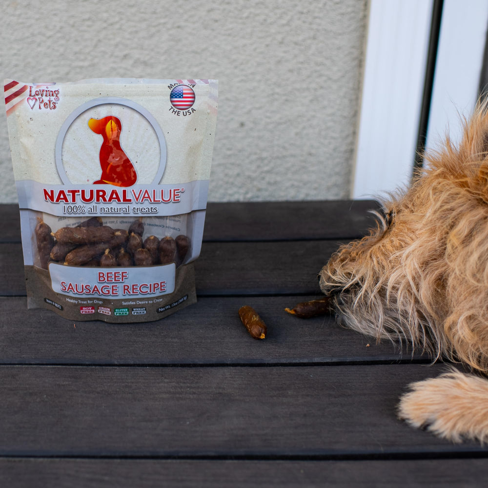 Dog with Loving Pets sausages in hand, ready for training rewards