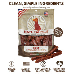 Close-up of Loving Pets Natural Value Beef Sausages soft jerky texture