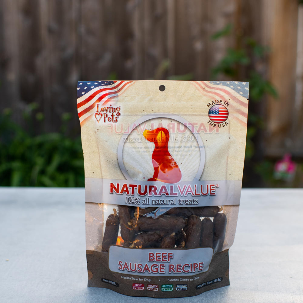 Bag and treats scene with Natural Value Beef Sausages