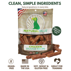 Loving Pets Natural Value Chicken Sausages close-up texture highlights a soft, chewy bite.