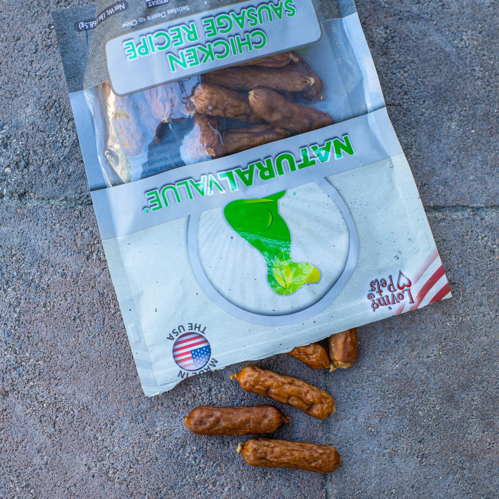Loving Pets Natural Value Chicken Sausages dog treat jar offers convenient daily rewards.