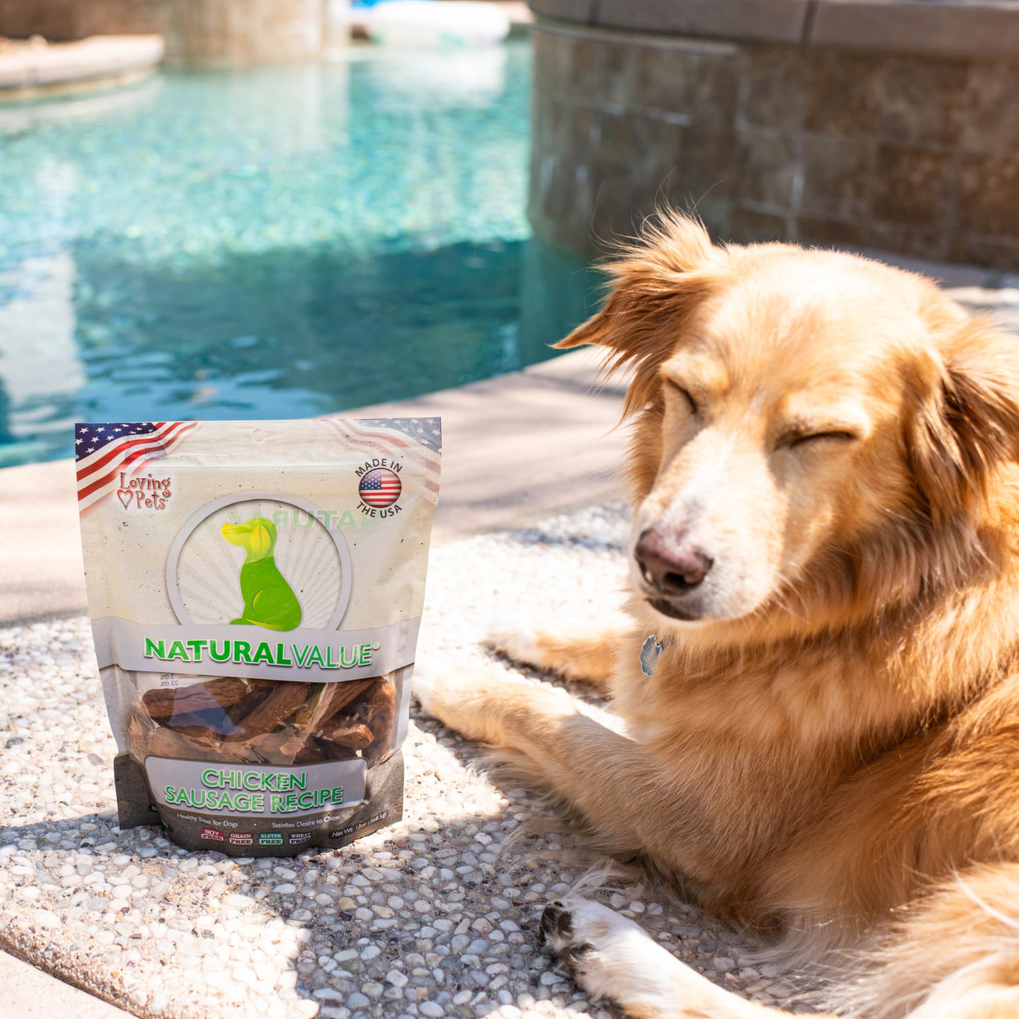 Loving Pets Natural Value Chicken Sausages USA made label confirms origin.