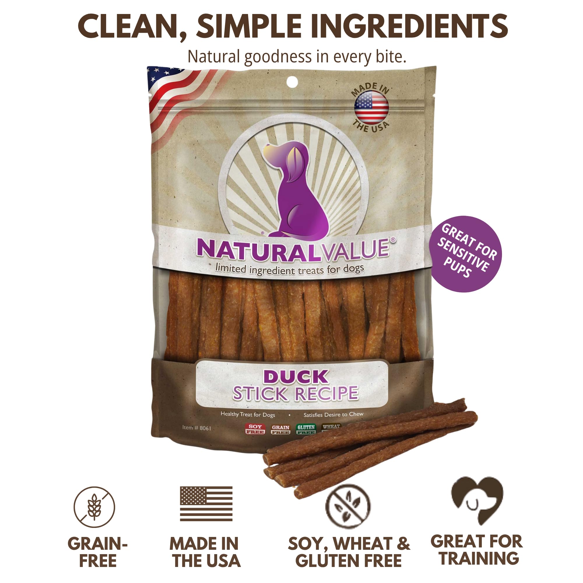 Loving Pets Natural Value Duck Sticks close-up shows chewy texture and savory aroma.