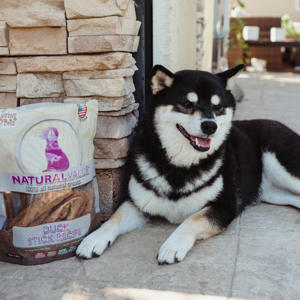 Loving Pets Duck Sticks serving size guidance for easy portions.