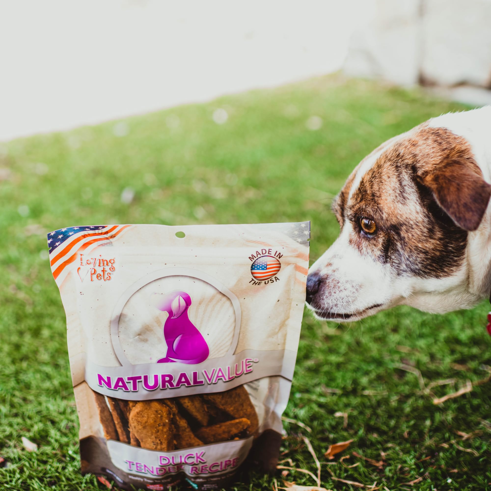 Loving Pets Natural Value Duck Tenders packaging highlights USA origin.