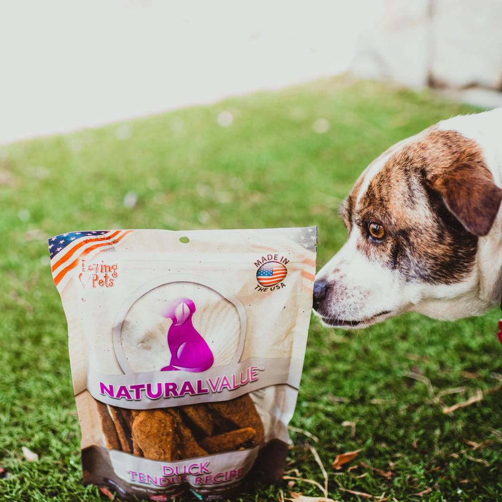 Loving Pets Natural Value Duck Tenders packaging highlights USA origin.