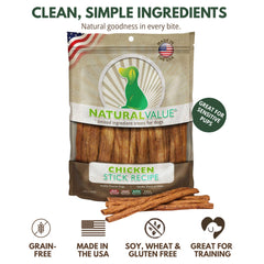 Loving Pets Natural Value chicken sticks close-up texture highlighting juicy, protein-rich snack for dogs.