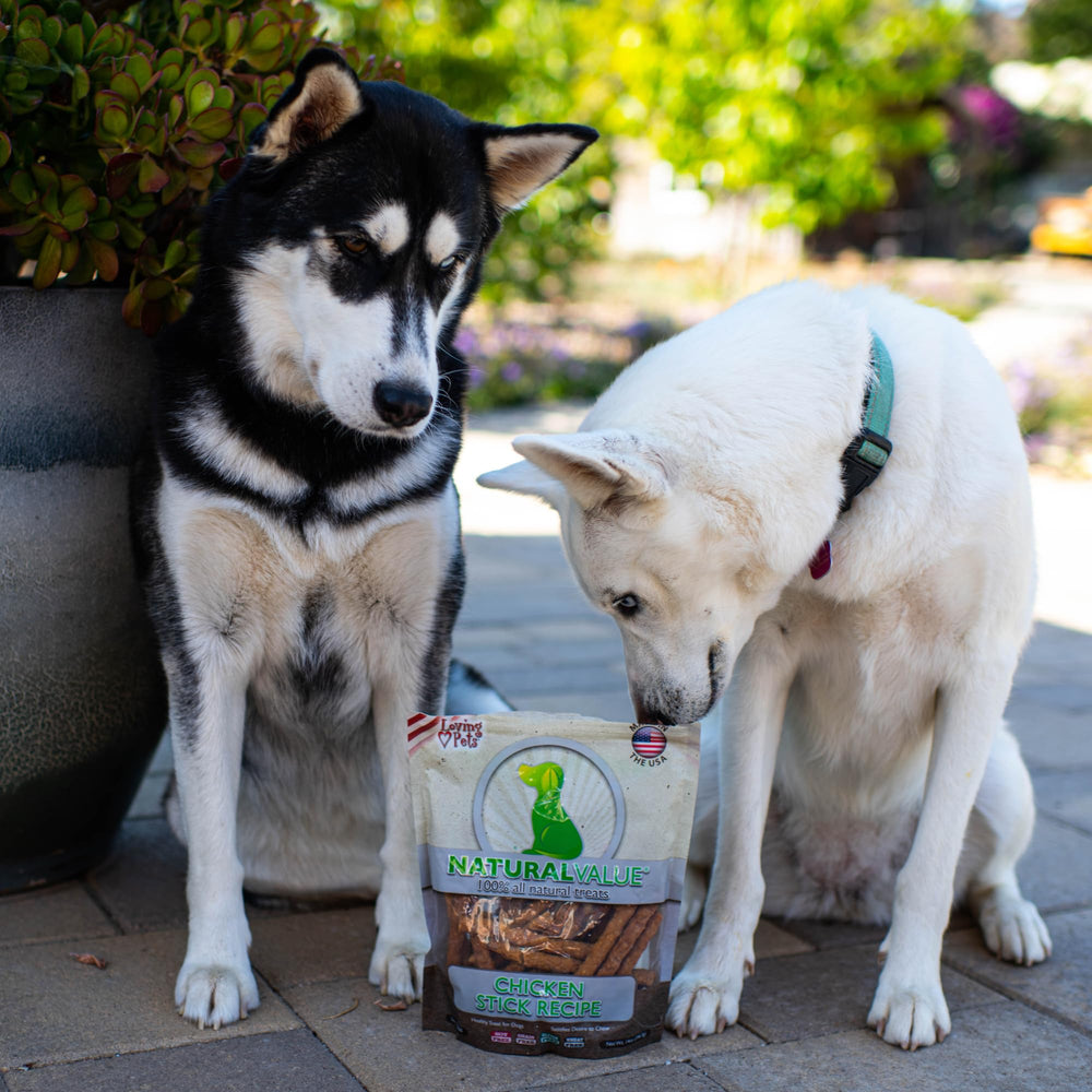 Loving Pets open grill chicken sticks image, emphasizing grilled flavor and lean cooking method.
