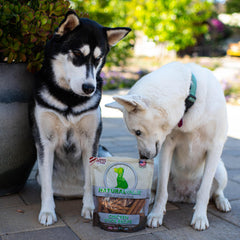 Loving Pets open grill chicken sticks image, emphasizing grilled flavor and lean cooking method.