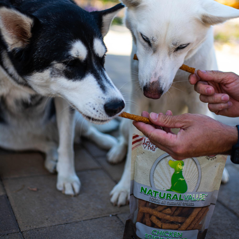 Loving Pets serving bowl with chicken sticks, ideal for sharing treats during playtime.