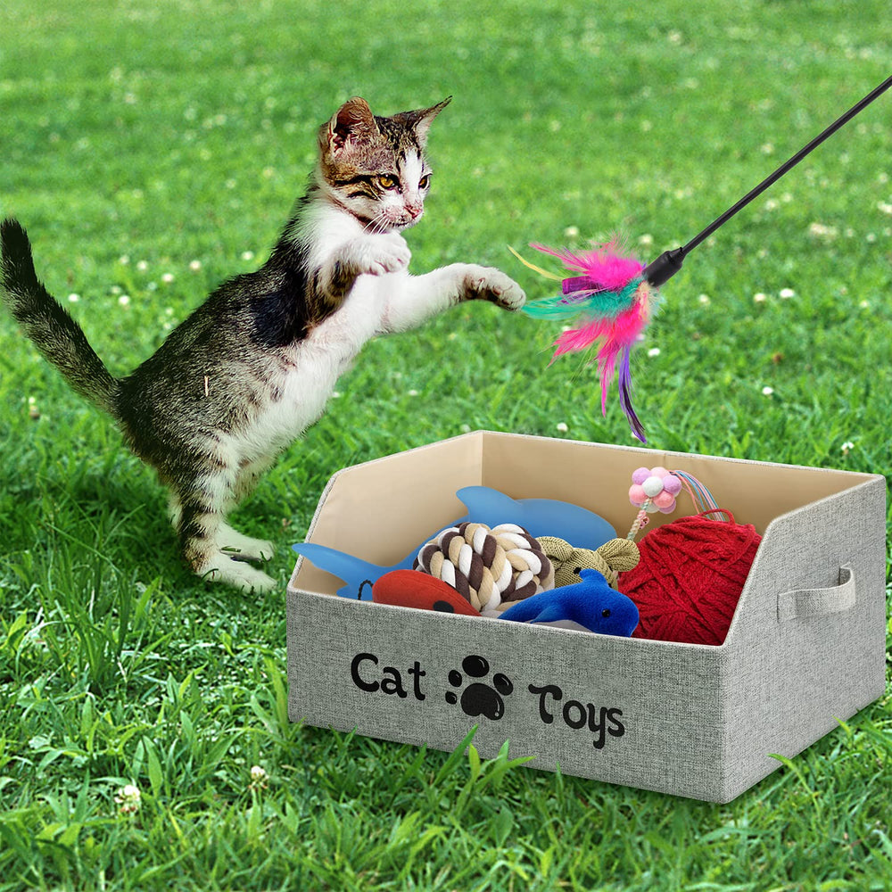 Lovstorage cat toy bin low front edge, easy reach for cats.